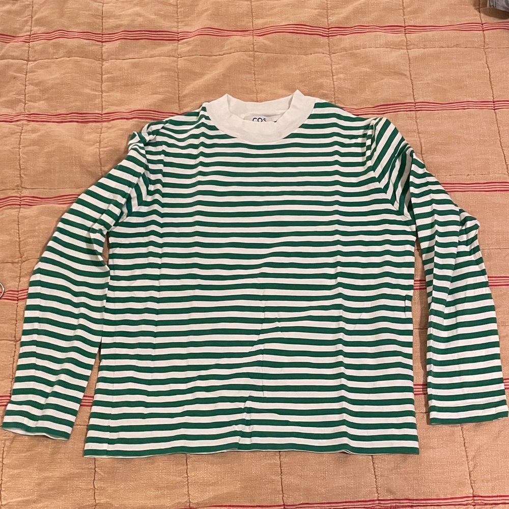 COS Womens Long Sleeve Green and White Striped Tee, size small, 100% cotton